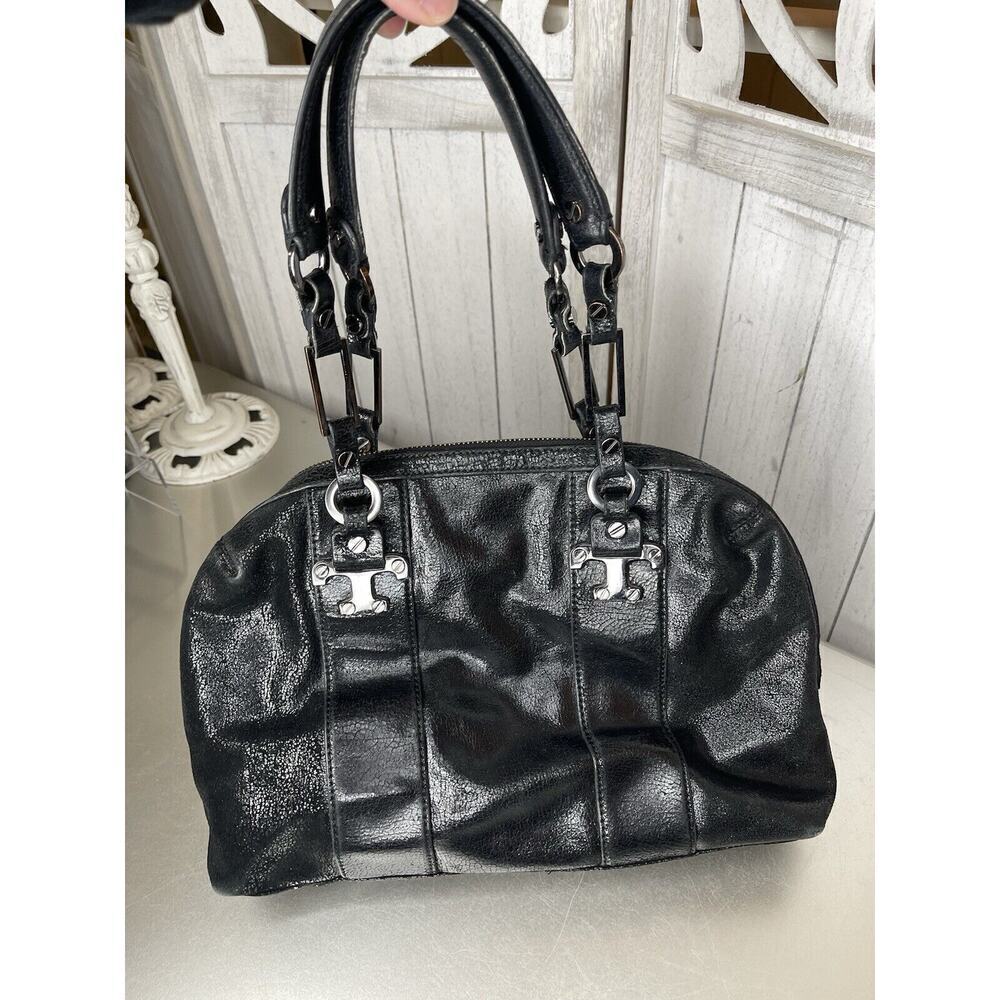 Tory Burch Black Sheen Crackle Leather Top Handle Bag Chunky Hardware Y2K